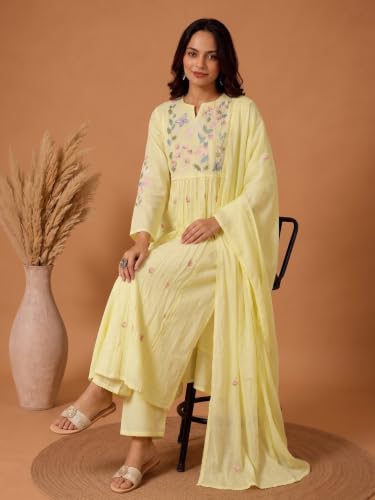 Varanga yellow embroidered muslin kurta set with dupatta