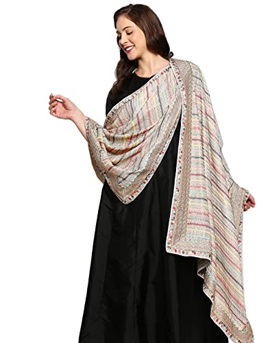 DUPATTA BAZAAR Women's Grey Striped Sequence & Pastel Embroidery Dupatta