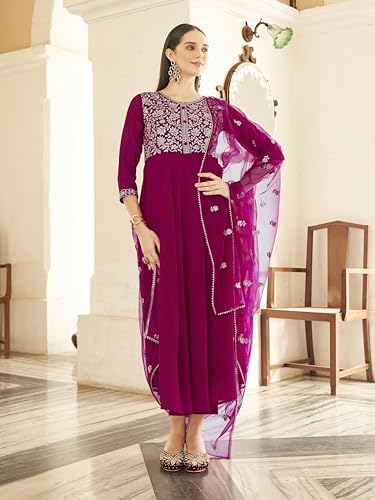 Womanista Women's Magenta Georgette Zari Embroidered Flared Kurta and Pants with Dupatta (Kurtaset_1323_XL)