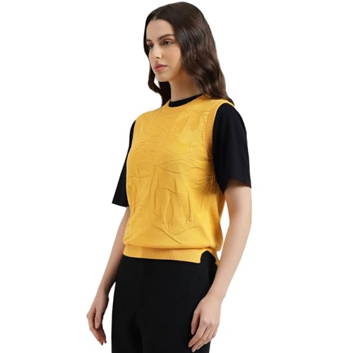 United Colors of Benetton Round Neck Self Design Sweater (Size: S) - 26P1594D108YI3N7 Yellow