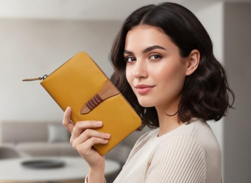 Calfnero Women's Genuine Leather Wallet-Long Purse Wallet with Multiple Card Slots, Zip Pocket with Note Compartments (Yellow)