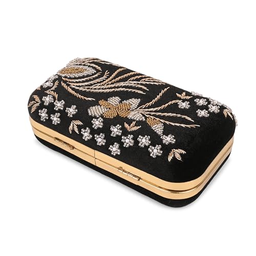 umera black clutch girls and womans party clutch ladies wallet evening bag with round corners work beads and zardozi floral design