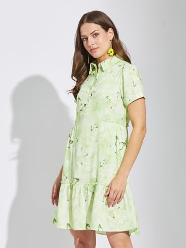 Latin Quarters Women Green Collar Neck Half Sleeves Printed Above Knee Shirt Dress for Casual Wear_2XL