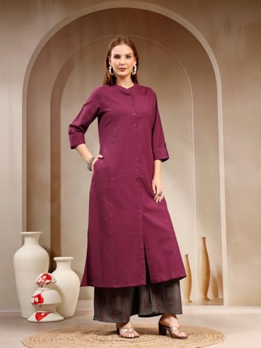 Pistaa's Women's Cotton Solid Readymade Salwar Suit Set (Wine, X-Large)