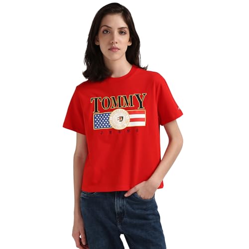 Tommy Hilfiger Women Red Printed Cotton Short Sleeve T-Shirt