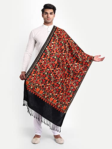 Zamour Men's Traditional Kashmiri Lohi Stole Punjabi with Embroidery Patterns 80 inches x 30 inches (Black)