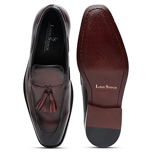 LOUIS STITCH Men's Rosewood Premium Italian Leather Shoes Moccasin American Style Handcrafted Comfortable Tassel Slipons for Men Formal Officewear (Size-11 UK) (EXTARW_)