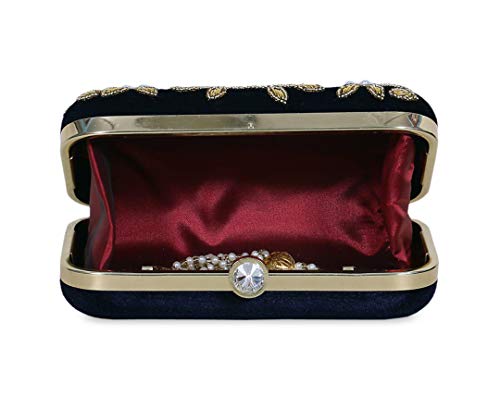 DUCHESS Women's Velvet Zari Zirkon Box Clutch Purse (Navy Blue)