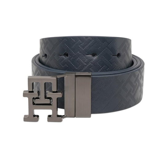 Tommy Hilfiger Men's Farley Reversible Leather Belt - Navy + Black - Brushed Gunmetal Monogram Buckle | S 80cm | Ideal for Gifting