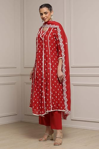 Biba Women Red Chanderi Embroidered Kalidar Suit Set_34