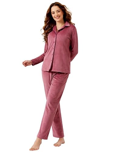 Clovia Women's Velour Button Down Shirt & Pyjama Set (LSW774R22_Pink_S)