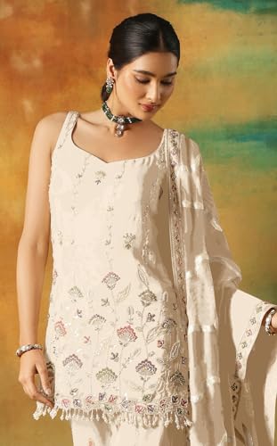 RUDRAPRAYAG Women's Faux Georgette Fabric With Embroidery Work Semi Stitched Sharara Palazzo Anarkali Suit With Dupatta