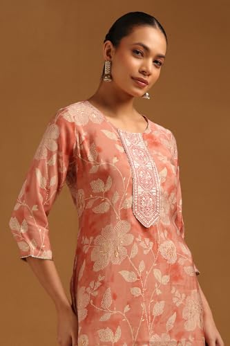 Soch Womens Peach Chanderi Floral Embroidered Kurta