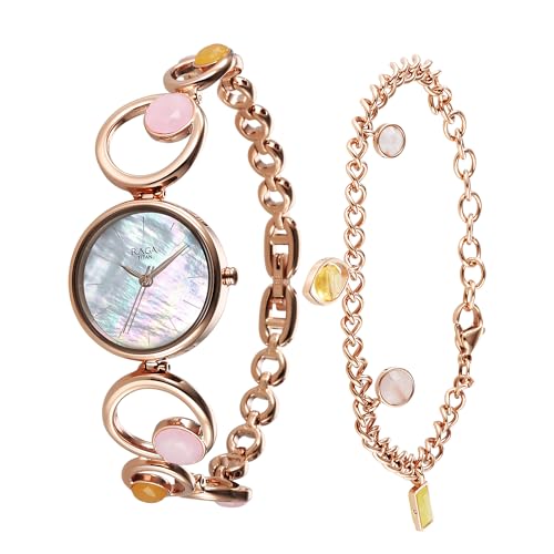 Titan Raga New You Quartz Analog Mother Of Pearl Citrine and Rose Quartz stones Strap for Women-95194WM01F/NT95194WM01F