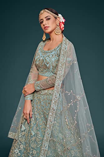 Zeel Clothing Women's Sea Blue Zari and Embroirery Work Net Semi-Stitched Lehenga Choli Material (7906-Sea-Blue-Wedding-Lehenga-Choli; Sea Blue),2 Meters