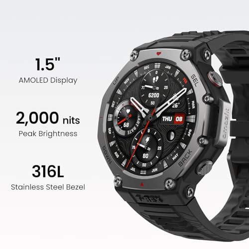 Amazfit T-Rex 3 Outdoor Rugged Military 48mm Smart Watch, Built in GPS, 27 Days Battery Life, Offline Maps, 2000 Nits Brightness, 10 ATM Water Resistance, AI Coach, for iOS & Android (Lava)