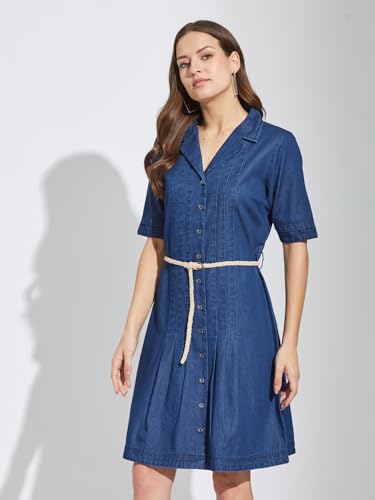 Latin Quarters Women's Blue Half Sleeves Collar Neck Casual Solid Dress_XXL
