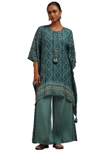 Soch Womens Turquoise Blue Chinon Floral Print Kaftan Suit Faux Mirror And With Sequins