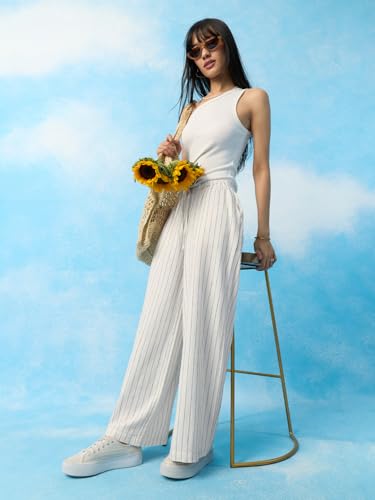 The Souled Store Cotton Linen Pant: Soleil Women and Girls Drawstring Waist Off-White Pinstriped Cotton Linen Blend Wide Leg Breathable Lightweight All-Season Casual Pants