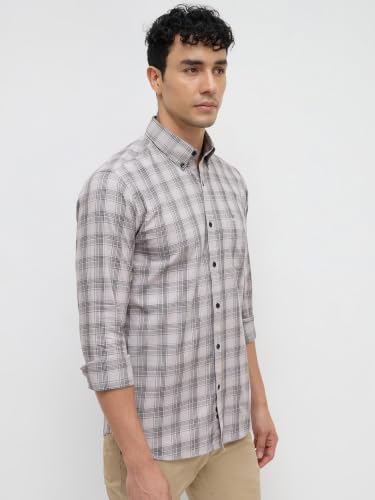 Park Avenue Men Slim Fit Checks Pattern Pure Cotton Button Down Collar Full Sleeve Casual Shirt Grey