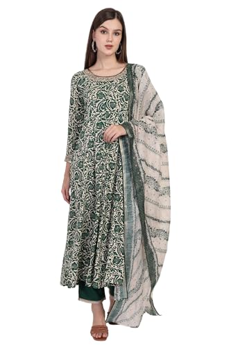 W for Woman Green Printed Block Print Embellished Anarkali Kurta with Straight Pant and Dupatta Set (WS13177-126083-L)