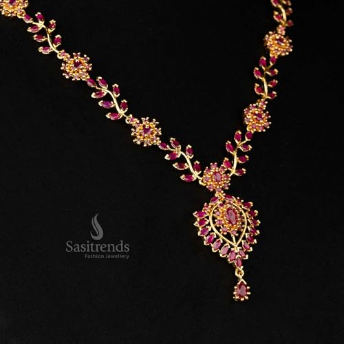 Sasitrends Traditional Micro Gold Plated American Diamond Floral Pendant Necklace Jewellery Set for Women