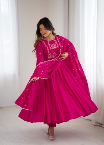Leeli Peeri Designer Women's Chanderi Silk Embroidery Anarkali Kurta Set With Dupatta