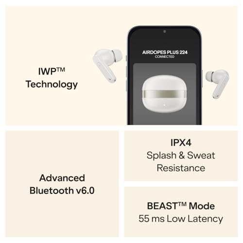 boAt Airdopes Plus 224, Powerful Spatial Audio, 60H Playback, Quad Mics AI-ENx™, 13 mm Drivers, Hearables App, Multipoint Connectivity, Google Fast Pair, Bluetooth v6.0 TWS Earbuds (Off White)