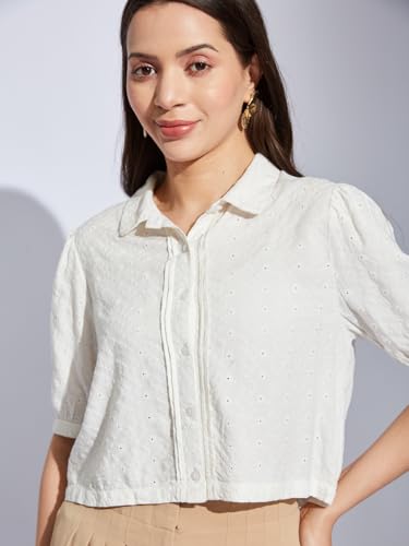 Latin Quarters Women Ivory Collared Half Sleeves Solid Shirt Blouse for Casual Wear_S