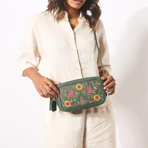 Chumbak Olive Crossbody Sling Bag for Women, Zipper Closure, Palace Memoirs Collection, Stylish Designer Handbag Purse Wallet Sling Tote, Everyday Casual Ethnic Travel Office Use