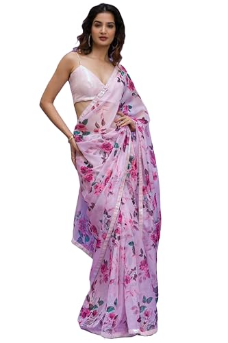 Panzora Women's Chinon Digital Printed Saree With Unstithced Blouse Piece