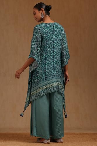 Soch Womens Turquoise Blue Chinon Floral Print Kaftan Suit Faux Mirror And With Sequins