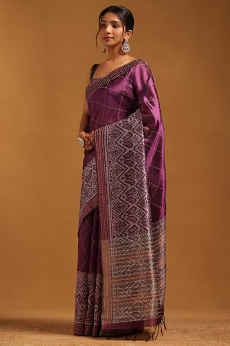 Soch Womens Magenta Tussar Geometric Saree With Kantha Embroidery