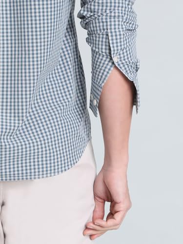 GO COLORS Collared Casual Check Shirt for Men | Pure Cotton, Full Sleeves, Regular Fit, Patch Pocket | (Dark Jean Blue, 44)