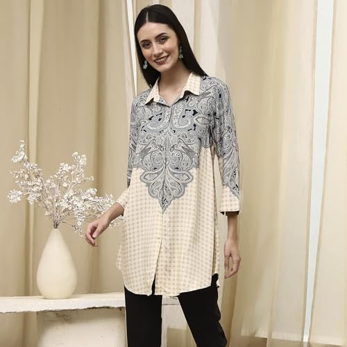 BIBA Women Ivory Printed Shirt-Style Straight Short Kurta_40
