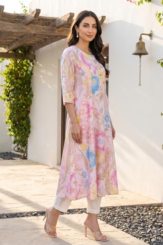 W for Woman Pink Bold Floral Printed Pure Cotton A-line Kurta with Straight Pants Set - (WS14520K-128159-XXL)