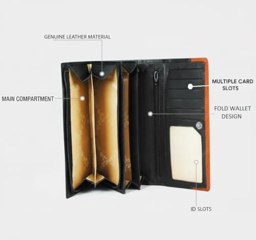 Calfnero Women's Genuine Leather Wallet-Long Purse Wallet with Multiple Card Slots, Zip Pocket and Note Compartment (Black)