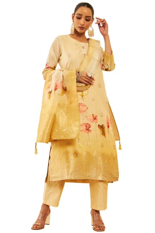 Soch Womens Beige Chanderi Placement Print Suit Set With Cutdana Details