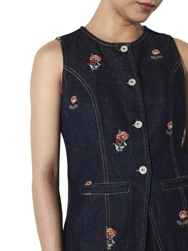 ONLY Women's Embroidered Regular Fit Blue Waistcoat