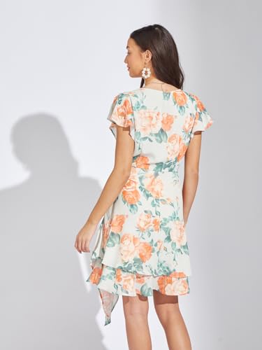 Latin Quarters Women Orange Printed A-Line Mini Dress | V-Neck | Half Sleeves | Zip Closure | 100% Polyester | Casual Wear