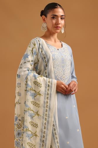Soch Womens Blue Cotton Botanical Chikankari Embroidered Salwar Suit