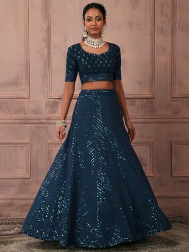 Zeel Clothing Women's Threads Sequins Embroidered Georgette Semi-Stitched Lehenga Choli With Dupatta (5089-Rama-Wedding-Stylish-Latest; Free Size)