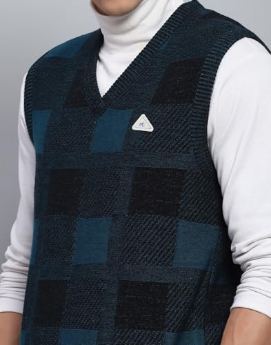 Monte Carlo Mens Self Design Navy Blue V Neck Sleeveless Sweater (1243243SL-2-40)