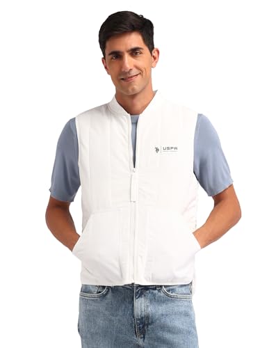 U.S. Polo Assn. Denim Co. Men's White Solid Collar Neck Sleeveless Casual Polyester Regular Fit Jacket (UDJCK1388_White_L)
