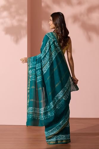 Taneira Women Green Ujjain Pure Silk Cotton Batik Saree with Unstitched Blouse Piece (SAPP01AA4695-Green)