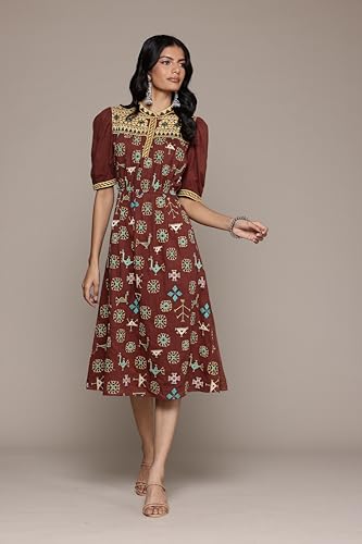 Aarke Ritu Kumar Band Collar Elbow Sleeve Printed Dress Brown