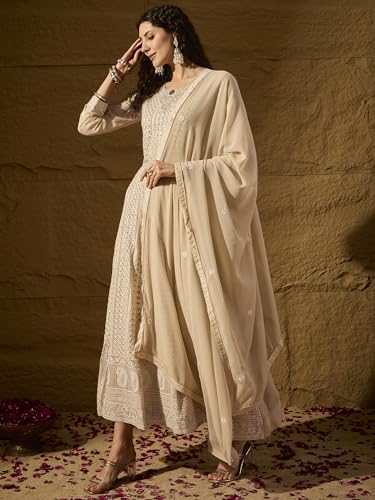 Hoyendiafad Women's Cream Faux Georgette Stitched Gown With Dupatta Full Sleeve Embroidered Anarkali Gown (HFY-1239-Cream-XXL)
