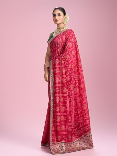 MOHEY Women's Chinon Printed, Stone Work & Thread Work Saree with Blouse Piece (Pink)