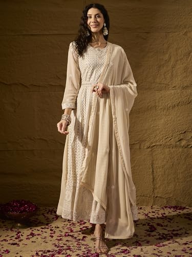 Hoyendiafad Women's Cream Faux Georgette Stitched Gown With Dupatta Full Sleeve Embroidered Anarkali Gown (HFY-1239-Cream-XXL)