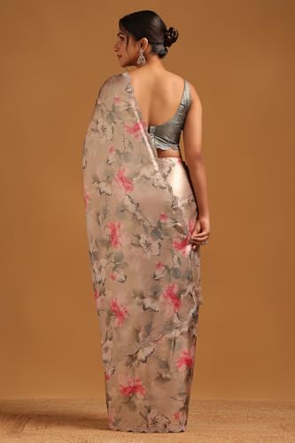 Soch Womens Beige Satin Floral Saree With Swarovski Stone
